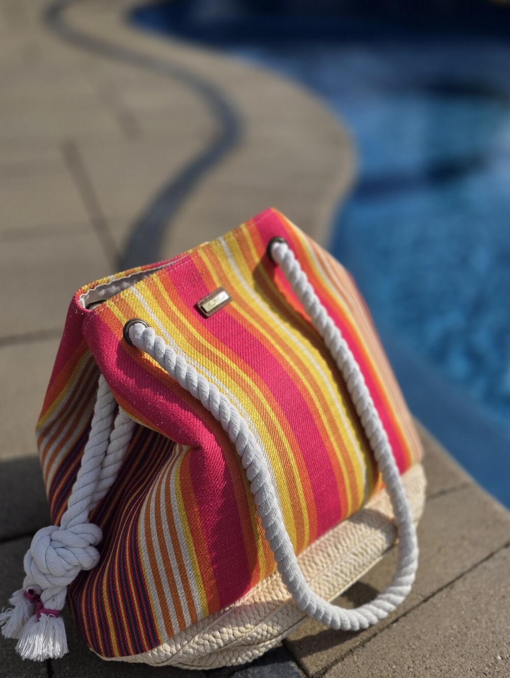 Sun 'N' Sand Vibrant Striped Beach Bag - Rope Handles & Straw Base - Picture 1 of 11
